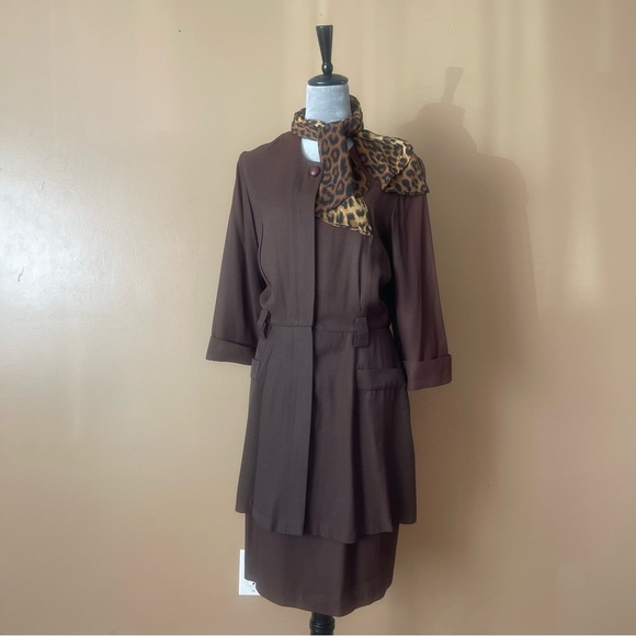 Studio 1 Y2K Vintage Brown Dress with Leopard-Print Scarf size 12 - Picture 3 of 14